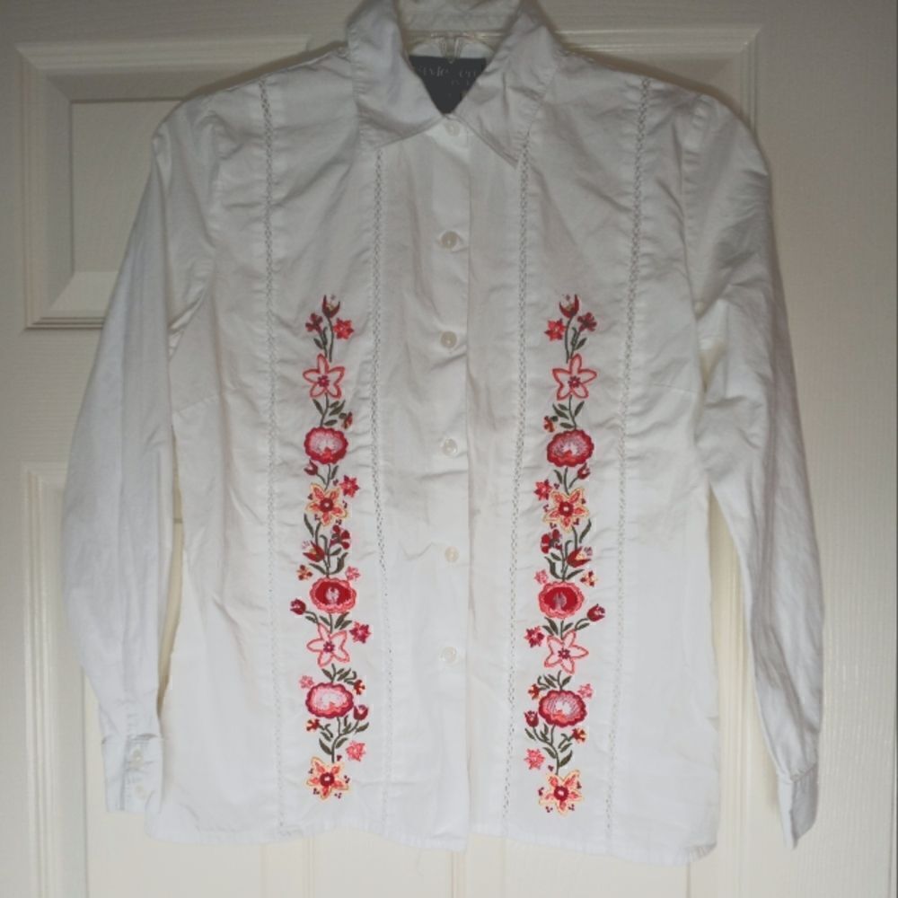 Style&Co 4P 100%Cotton White Embroidery Lngslvs Buttons Up Women's Shirt Blouse.